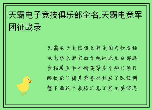 天霸电子竞技俱乐部全名,天霸电竞军团征战录
